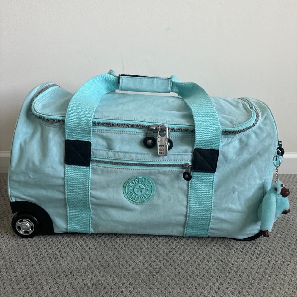 Kipling Aqua Rolling Duffel Bag with Monkey Charm